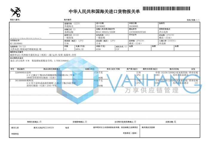 日本涂料進口報關資料